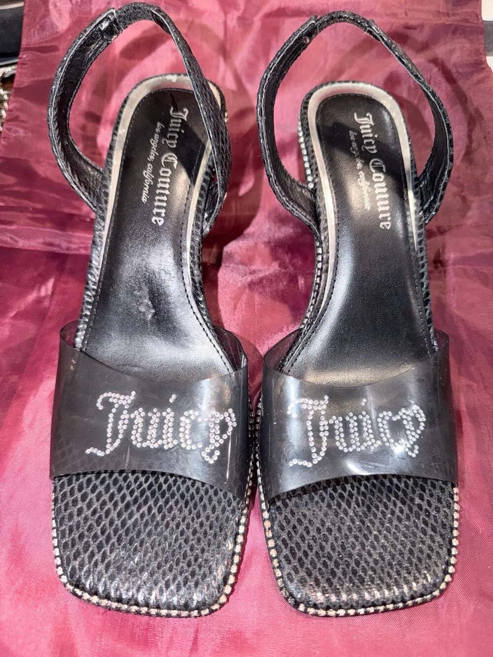 Juicy Couture Black Faux Snake Skin Rhinestone Logo Clear Strap Slingback Heels